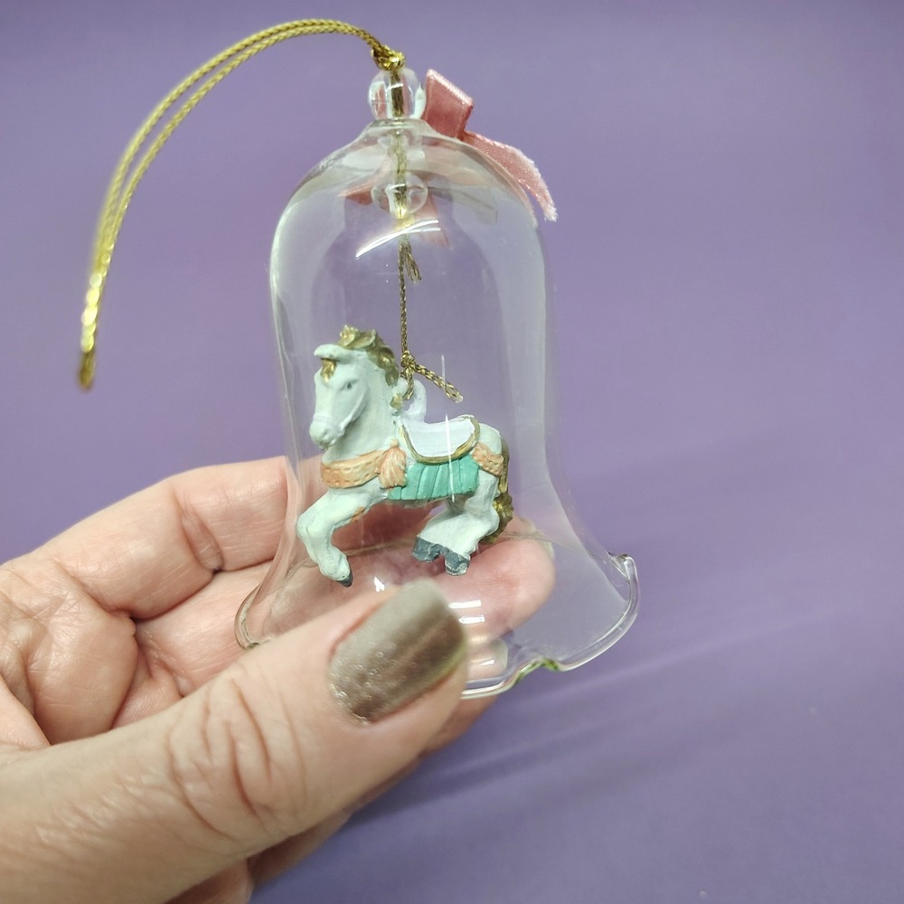 Carousel Horse Glass Bell Ornament Pink Bow Christmas Decoration Retro 90s